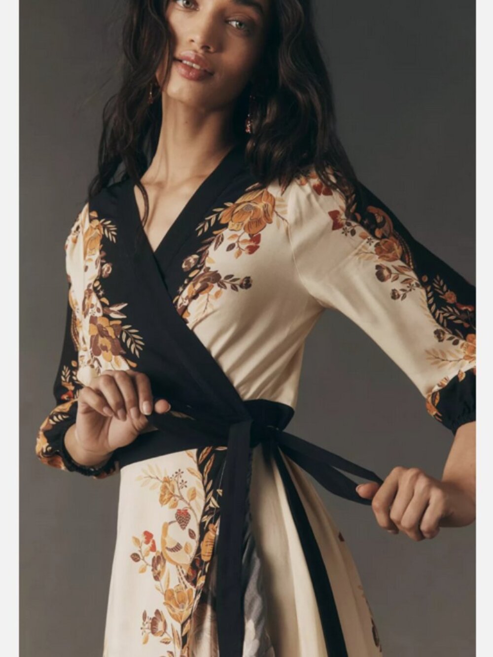 Farm Rio Anthropologie Long-Sleeve Wrap Midi Dress Size XXS NWT Orange Floral - Picture 4 of 6